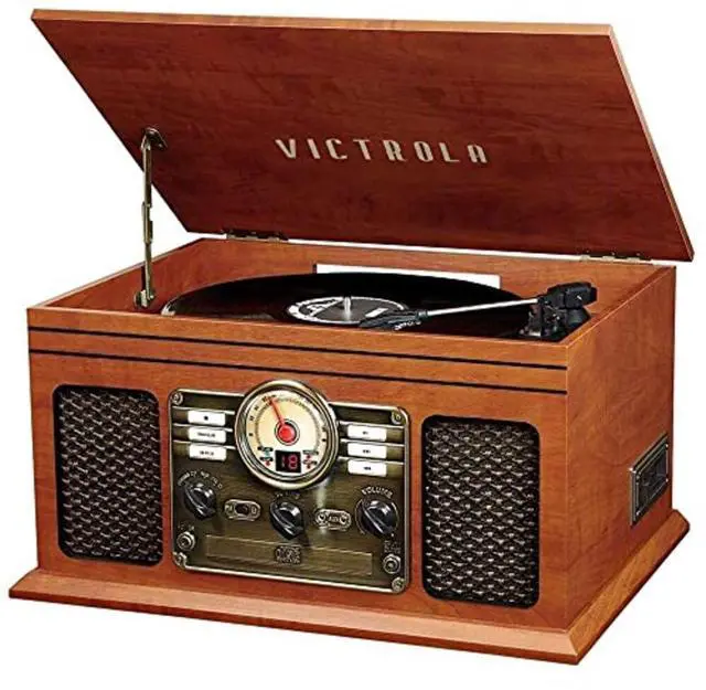 Main image of Quincy - 6-in-1 Bluetooth Record Player - Mahogany | Plays vinyl, CD, cassette and FM radio through built-in stereo speakers, Bluetooth and aux streaming, headphone jack