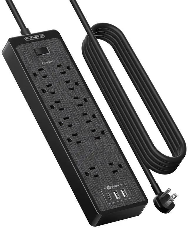 Main image of 15 ft Extension Cord, Flat Plug Power Strip with USB, 12 Outlets Wall Mount, 2100 Joules, 1875W, 15A Circuit Breaker for Home Office Dorm Essentials, Black