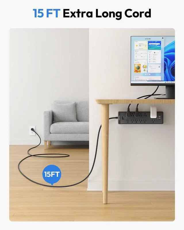 Alt view image 2 of 6 - 15 ft Extension Cord, Flat Plug Power Strip with USB, 12 Outlets Wall Mount, 2100 Joules, 1875W, 15A Circuit Breaker for Home Office Dorm Essentials, Black