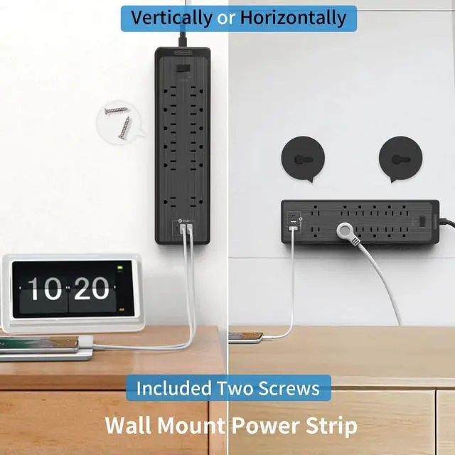 Alt view image 6 of 6 - 15 ft Extension Cord, Flat Plug Power Strip with USB, 12 Outlets Wall Mount, 2100 Joules, 1875W, 15A Circuit Breaker for Home Office Dorm Essentials, Black