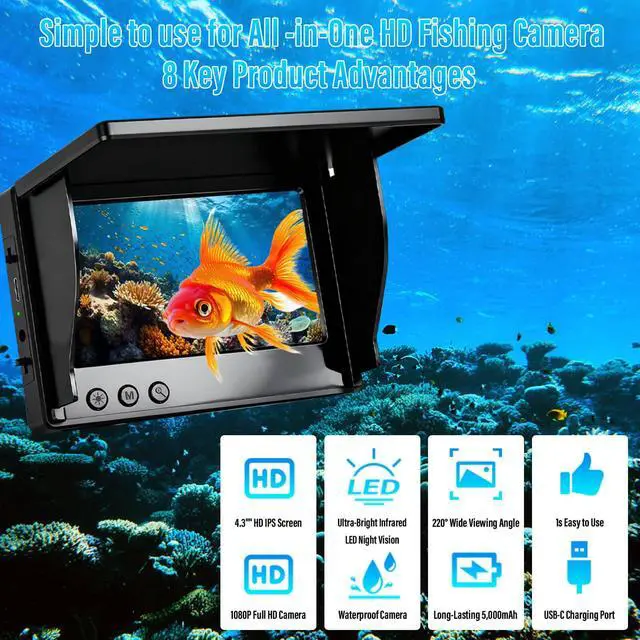 Alt view image 2 of 7 - Underwater Fishing Camera 1080P HD 4.3" IPS Screen 50ft Cable | 6000mAh Battery, USB-C Charging, IR Night Vision, 220° Wide Angle, 66lb Cable, CE/FCC/RoHS, for Lake Boat Kayak Ice Fishing