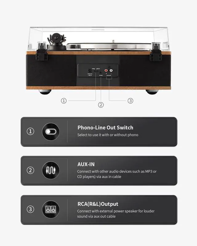 Alt view image 6 of 7 - Vinyl Record Player, Bluetooth Turntable with Built in Speakers Phono Preamp, High Fidelity Turntables for Vinyl Records with Magnetic Cartridge AT-3600L, Belt Drive 2-Speed