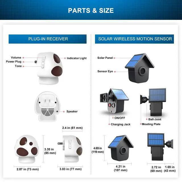 Alt view image 6 of 7 - Driveway Alarm- 1/2 Mile Long Range Outdoor Weatherproof Solar Wireless Motion Sensor&Detector-Portable Receiver Has Long Last Backup Battery- DIY Security Alert System for Home&Property