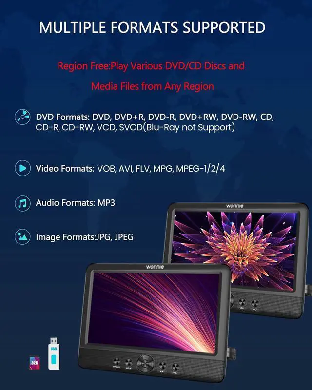 Alt view image 3 of 7 - 10.5" Two DVD Players Dual Screen for Car Portable CD Player, Play a Same or Two Different Movies with Two Mounting Brackets, 5-Hour Rechargeable Battery, Support USB/SD Card Reader