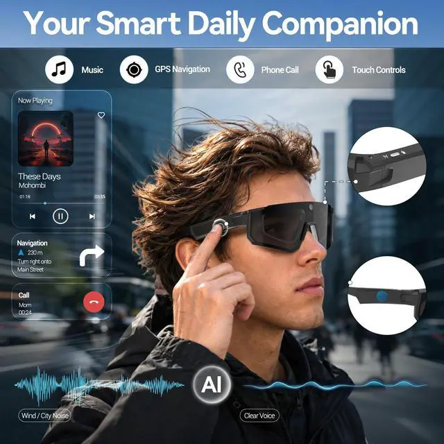 Alt view image 5 of 7 - AI Smart Glasses with Camera, ChatGPT & AI Object Recognition, 1200P Video with 6-Axis EIS, Polarized UV400 Sunglasses, Real-Time Translation, IP64 Waterproof for Cycling, Hiking & Vlogging
