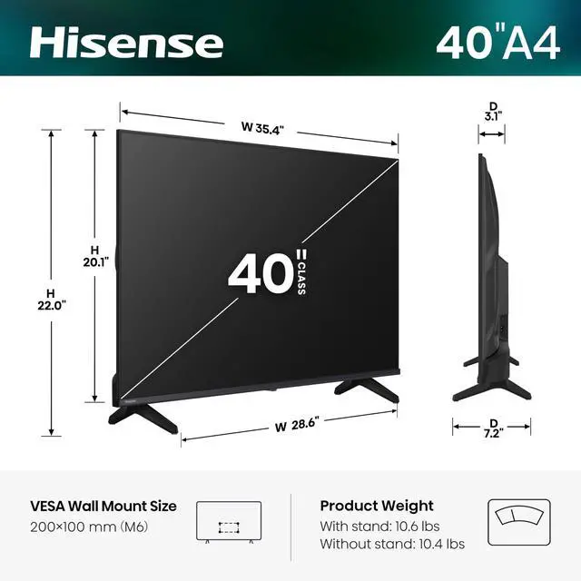 Alt view image 3 of 7 - 40" Inch A4 Series FHD 1080p Smart VIDAA TV (40A4NV, 2026 NEW) - Full Array LED, DTS Virtual: X, Noise Reduction, AI Sports Mode, Works with Alexa, Apple Airplay & Apple Home, Slim Bezel