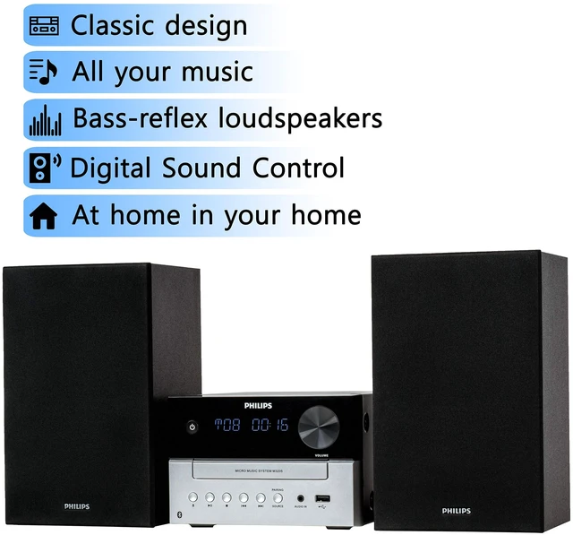 Alt view image 2 of 7 - Bluetooth Stereo System for Home with CD Player for Home, Wireless Streaming, MP3, USB, Audio in, FM Radio, 18W, Micro Music Sound System