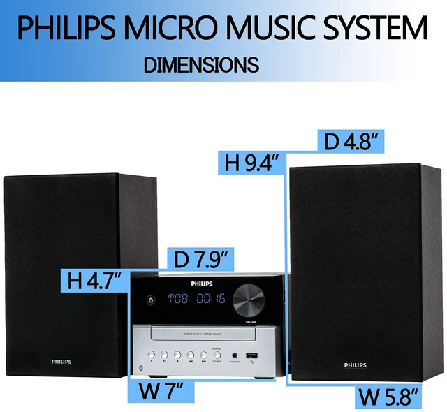 Alt view image 7 of 7 - Bluetooth Stereo System for Home with CD Player for Home, Wireless Streaming, MP3, USB, Audio in, FM Radio, 18W, Micro Music Sound System