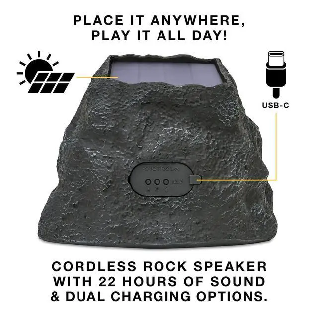 Alt view image 2 of 7 - Rock Speaker Connect - Outdoor Bluetooth Solar Speaker - Stone | Rock-shaped outdoor speaker, Bluetooth 5.3, solar and USB-C charge, 22-hr battery, link up to 20, IP65