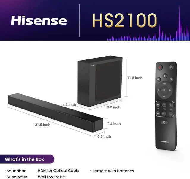 Alt view image 2 of 7 - HS2100 2.1ch Soundbar with Wireless Subwoofer, Dolby Audio, DTS Virtual:X, HDMI ARC, Bluetooth 5.3, Remote Control, 6 EQ Modes