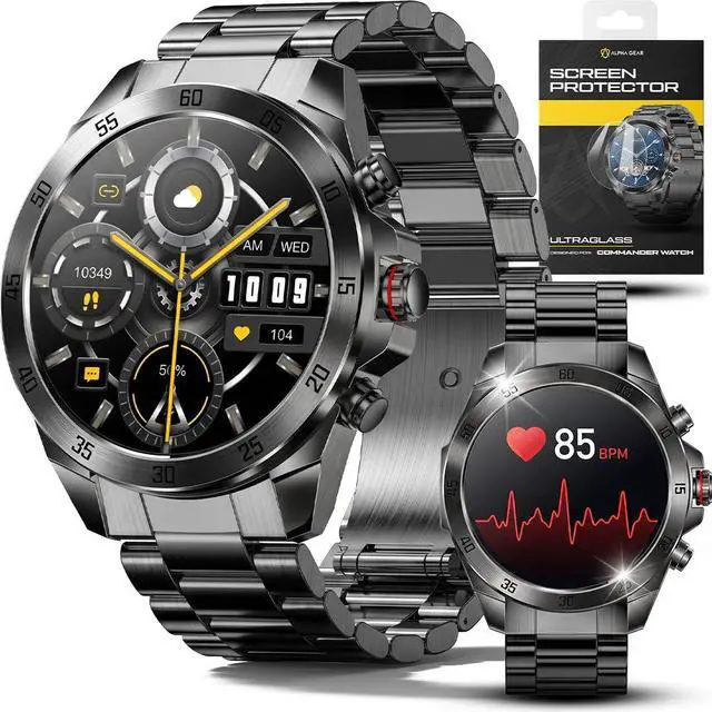 Main image of Commander Smartwatch for Men, Tactical Military Smart Watch, 12-Day Battery, AMOLED Display, Bluetooth Calling, IP68 Water Resistant, Stainless Steel, for Android iPhone, Dark Gray