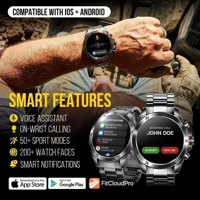Alt view image 4 of 7 - Commander Smartwatch for Men, Tactical Military Smart Watch, 12-Day Battery, AMOLED Display, Bluetooth Calling, IP68 Water Resistant, Stainless Steel, for Android iPhone, Dark Gray