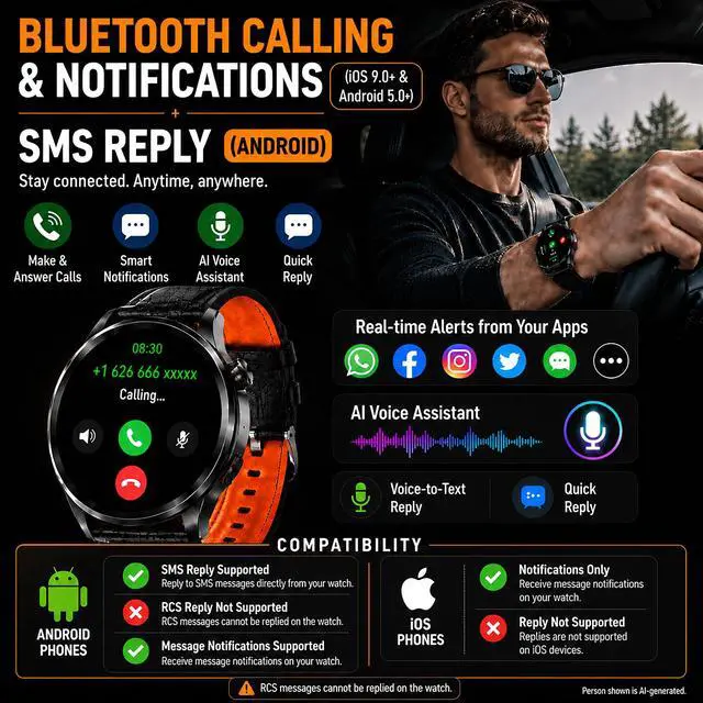 Alt view image 6 of 7 - Smart Watch for Men with GPS Offline Maps, 1.46"AI Smartwatch, BT Call/Text Reply, Heart Rate/ Sleep Monitor/Health Analysis, 100+ Sports, 5ATM Waterproof Fitness Tracker for Android iOS 2 Bands