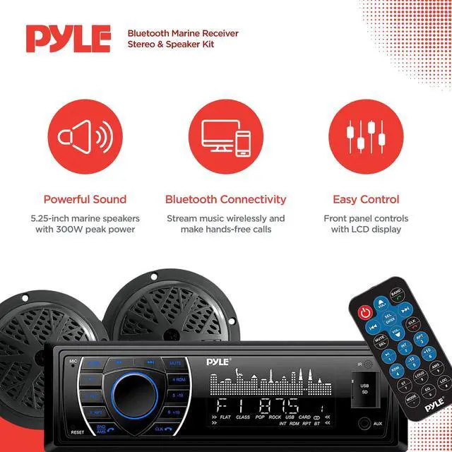 Alt view image 2 of 7 - Marine Headunit Receiver Speaker Kit - In-Dash LCD Digital Stereo Built-in Bluetooth & Microphone w/ AM FM Radio System 5.25 Waterproof Speakers (2) MP3/SD Readers & Remote Control-PLMRKT46BK