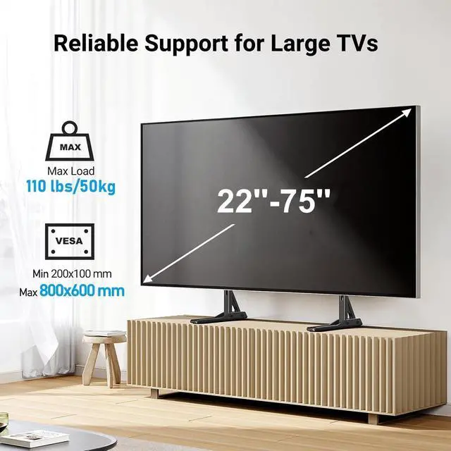 Alt view image 2 of 7 - Universal TV Stand Mount for 20-75 Inch TVs, Height Adjustable Table Top TV Stand, Great Load-Bearing Replacement TV Legs with Steel Holds up to 110lbs, Max VESA 800 x 600mm PSTVS01