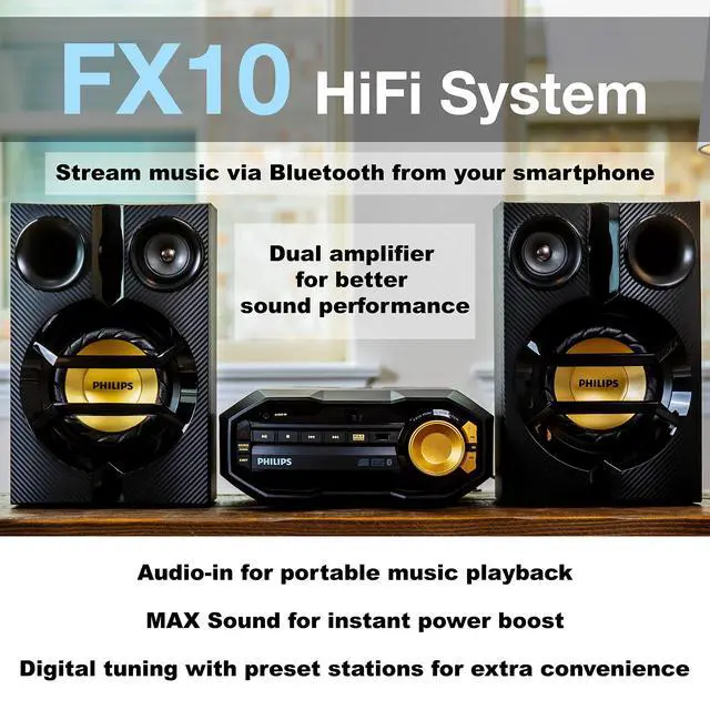 Alt view image 3 of 7 - FX10 Bluetooth Stereo System for Home with CD Player, MP3, USB, FM Radio, Bass Reflex Speaker, 230 W, Remote Control Included