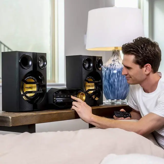 Alt view image 7 of 7 - FX10 Bluetooth Stereo System for Home with CD Player, MP3, USB, FM Radio, Bass Reflex Speaker, 230 W, Remote Control Included