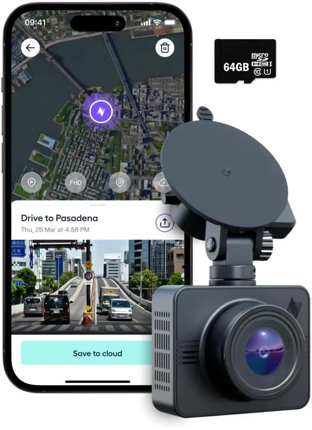 Main image of Beam GPS Dash Cam - 1 Year App Subscription Included - Unlimited Cloud Storage, Drive Recordings, Parking Mode, Night Vision, All Inside the App - WiFi HD Front Dash Cam (64 GB SD)