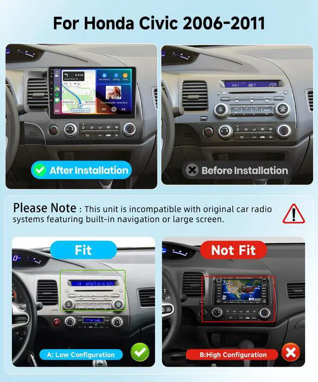 Alt view image 2 of 7 - 8 CORE 6G+128G Car Stereo Radio for Honda Civic 2006-2011 with Wireless CarPlay Android Auto, 10.1 Inch 1280 * 720P IPS Touch Screen Head Unit Android 13 GPS WiFi Bluetooth 32-Band DSP SWC HD Camera