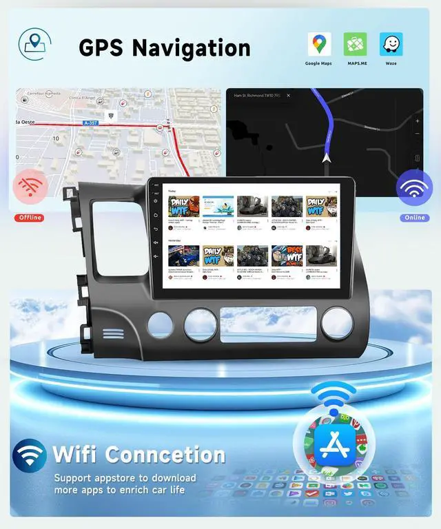 Alt view image 4 of 7 - 8 CORE 6G+128G Car Stereo Radio for Honda Civic 2006-2011 with Wireless CarPlay Android Auto, 10.1 Inch 1280 * 720P IPS Touch Screen Head Unit Android 13 GPS WiFi Bluetooth 32-Band DSP SWC HD Camera