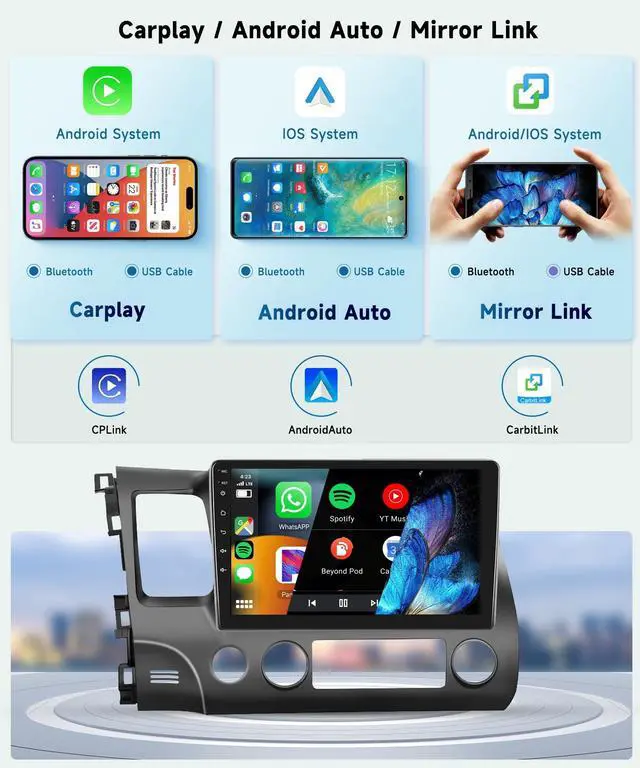 Alt view image 3 of 7 - 8 CORE 6G+128G Car Stereo Radio for Honda Civic 2006-2011 with Wireless CarPlay Android Auto, 10.1 Inch 1280 * 720P IPS Touch Screen Head Unit Android 13 GPS WiFi Bluetooth 32-Band DSP SWC HD Camera