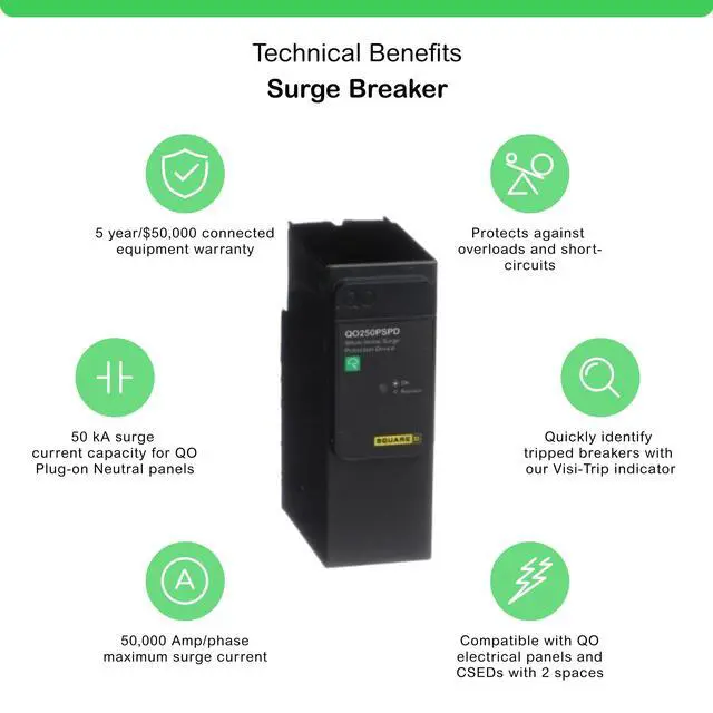 Alt view image 2 of 6 - Square D - QO250PSPD QO Whole House Surge Protection Device, 50kA, 120/240V, 1-Phase, No Wiring, Plug-On Neutral