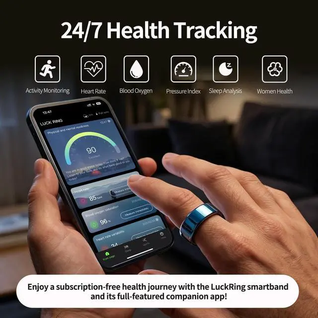 Alt view image 2 of 7 - Smart Ring for Women & Men, Smart Ring Health Tracker, Blood Oxygen & Heart Rate Monitor, Long Lasting Battery Sleep Ring, Waterproof Fitness Ring (Ti-Blue, 8)