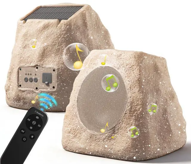 Main image of Upgraded Outdoor Rock Speaker 60W Deep Bass Multi-Sync up to 100Pcs, Remote Control, IPX7 Waterproof Solar-Powered with LED Lights Perfect for Pool, Garden, Patio, Ideal for Music Lovers - 2 Packs