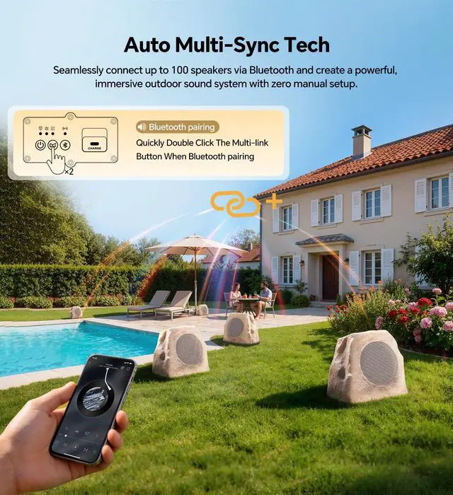 Alt view image 2 of 7 - Upgraded Outdoor Rock Speaker 60W Deep Bass Multi-Sync up to 100Pcs, Remote Control, IPX7 Waterproof Solar-Powered with LED Lights Perfect for Pool, Garden, Patio, Ideal for Music Lovers - 2 Packs