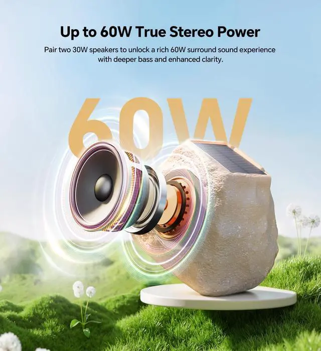 Alt view image 3 of 7 - Upgraded Outdoor Rock Speaker 60W Deep Bass Multi-Sync up to 100Pcs, Remote Control, IPX7 Waterproof Solar-Powered with LED Lights Perfect for Pool, Garden, Patio, Ideal for Music Lovers - 2 Packs