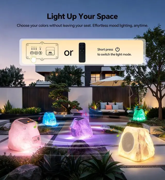 Alt view image 4 of 7 - Upgraded Outdoor Rock Speaker 60W Deep Bass Multi-Sync up to 100Pcs, Remote Control, IPX7 Waterproof Solar-Powered with LED Lights Perfect for Pool, Garden, Patio, Ideal for Music Lovers - 2 Packs