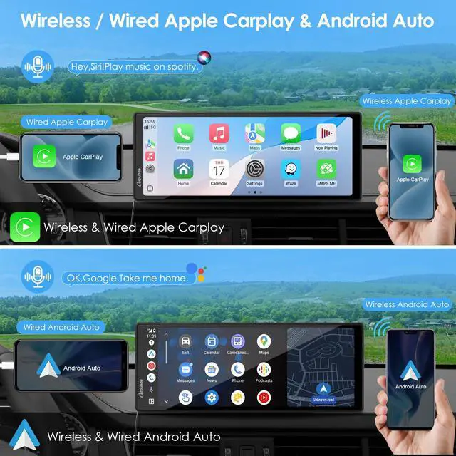 Alt view image 2 of 7 - 10.26 Inch Wireless/Wired Apple CarPlay Android Auto Mirror Link | 1600 * 600 IPS Touch Screen Portable Car Stereo, Bluetooth Audio, Siri, Navigation Car Screen for All Vehicles