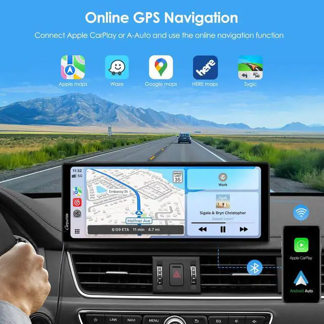 Alt view image 3 of 7 - 10.26 Inch Wireless/Wired Apple CarPlay Android Auto Mirror Link | 1600 * 600 IPS Touch Screen Portable Car Stereo, Bluetooth Audio, Siri, Navigation Car Screen for All Vehicles