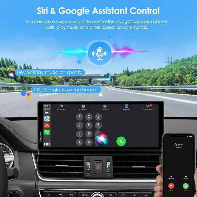 Alt view image 4 of 7 - 10.26 Inch Wireless/Wired Apple CarPlay Android Auto Mirror Link | 1600 * 600 IPS Touch Screen Portable Car Stereo, Bluetooth Audio, Siri, Navigation Car Screen for All Vehicles