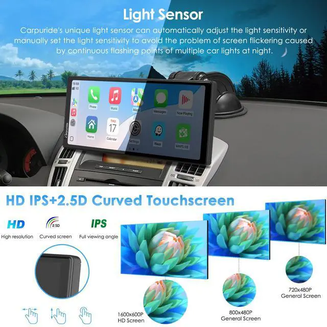 Alt view image 5 of 7 - 10.26 Inch Wireless/Wired Apple CarPlay Android Auto Mirror Link | 1600 * 600 IPS Touch Screen Portable Car Stereo, Bluetooth Audio, Siri, Navigation Car Screen for All Vehicles