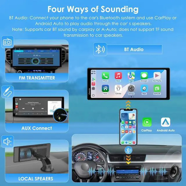 Alt view image 6 of 7 - 10.26 Inch Wireless/Wired Apple CarPlay Android Auto Mirror Link | 1600 * 600 IPS Touch Screen Portable Car Stereo, Bluetooth Audio, Siri, Navigation Car Screen for All Vehicles