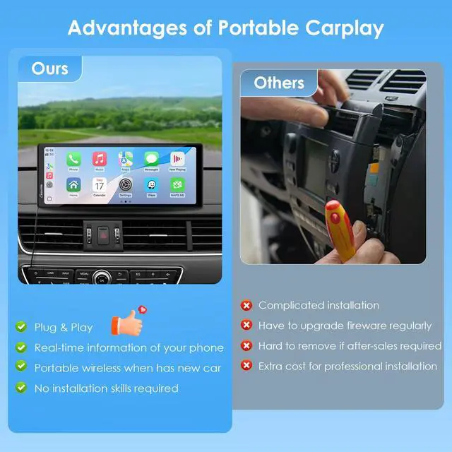 Alt view image 7 of 7 - 10.26 Inch Wireless/Wired Apple CarPlay Android Auto Mirror Link | 1600 * 600 IPS Touch Screen Portable Car Stereo, Bluetooth Audio, Siri, Navigation Car Screen for All Vehicles