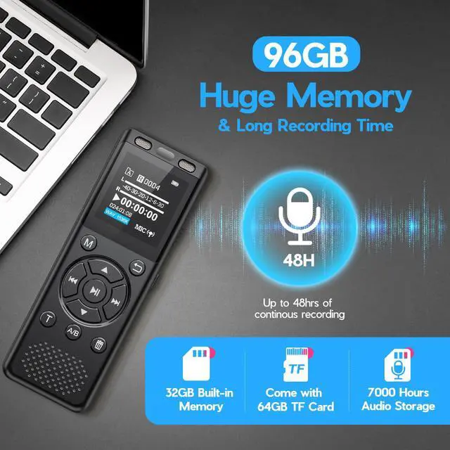 Alt view image 3 of 7 - 96GB Digital Voice Recorder with Playback,Audio Recording Device | for Lectures Meeting/Classes/Interviews,Tape Recorder with Voice Activated,Password,Noise Reduction,A-B Repeat,MP3 Player Etc