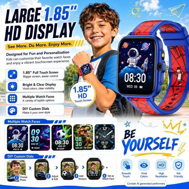 Alt view image 3 of 7 - Smart Watch for Kids Boys Age 5-12, Ai Functions Games HD Touch Screen Watches with Video Camera Music Player Pedometer Heart Rate Sleep Tracker Christmas Birthday Gifts for Boys (Blue and Red, 1.85")