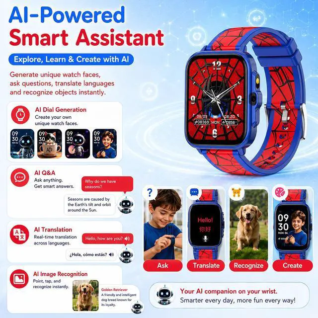 Alt view image 2 of 7 - Smart Watch for Kids Boys Age 5-12, Ai Functions Games HD Touch Screen Watches with Video Camera Music Player Pedometer Heart Rate Sleep Tracker Christmas Birthday Gifts for Boys (Blue and Red, 1.85")