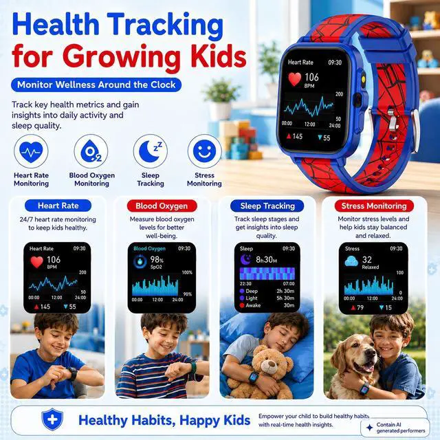 Alt view image 4 of 7 - Smart Watch for Kids Boys Age 5-12, Ai Functions Games HD Touch Screen Watches with Video Camera Music Player Pedometer Heart Rate Sleep Tracker Christmas Birthday Gifts for Boys (Blue and Red, 1.85")