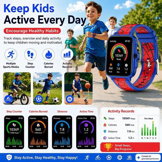 Alt view image 5 of 7 - Smart Watch for Kids Boys Age 5-12, Ai Functions Games HD Touch Screen Watches with Video Camera Music Player Pedometer Heart Rate Sleep Tracker Christmas Birthday Gifts for Boys (Blue and Red, 1.85")