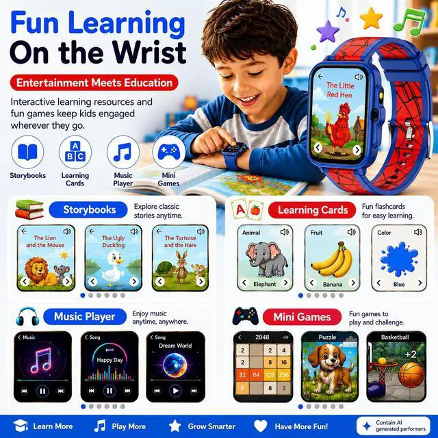 Alt view image 6 of 7 - Smart Watch for Kids Boys Age 5-12, Ai Functions Games HD Touch Screen Watches with Video Camera Music Player Pedometer Heart Rate Sleep Tracker Christmas Birthday Gifts for Boys (Blue and Red, 1.85")