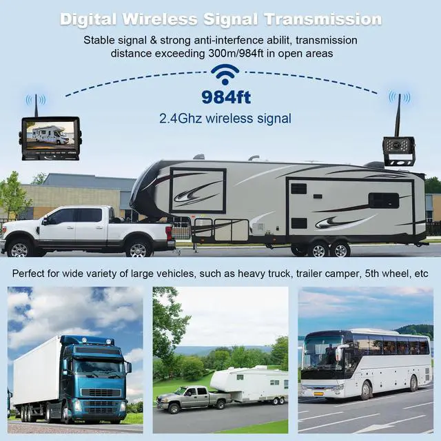 Alt view image 3 of 7 - Wireless Backup Camera for Trucks, RV Backup Camera with HD Monitor | 4 Channels Split Screen, BSD Alert, 984ft Signal Range, IP69K Waterproof IR Night Vision Wide Angle, DIY Guide Lines