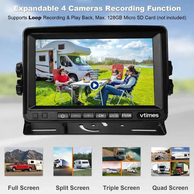 Alt view image 4 of 7 - Wireless Backup Camera for Trucks, RV Backup Camera with HD Monitor | 4 Channels Split Screen, BSD Alert, 984ft Signal Range, IP69K Waterproof IR Night Vision Wide Angle, DIY Guide Lines