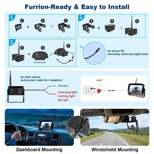 Alt view image 6 of 7 - Wireless Backup Camera for Trucks, RV Backup Camera with HD Monitor | 4 Channels Split Screen, BSD Alert, 984ft Signal Range, IP69K Waterproof IR Night Vision Wide Angle, DIY Guide Lines
