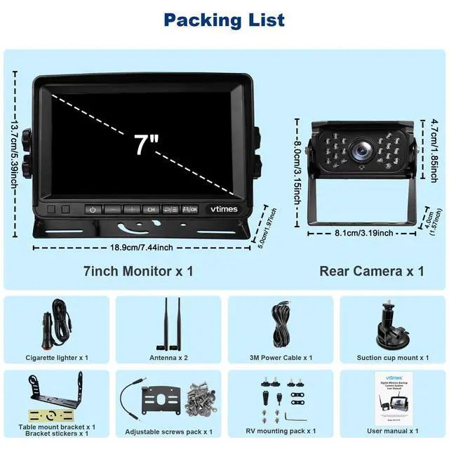 Alt view image 7 of 7 - Wireless Backup Camera for Trucks, RV Backup Camera with HD Monitor | 4 Channels Split Screen, BSD Alert, 984ft Signal Range, IP69K Waterproof IR Night Vision Wide Angle, DIY Guide Lines