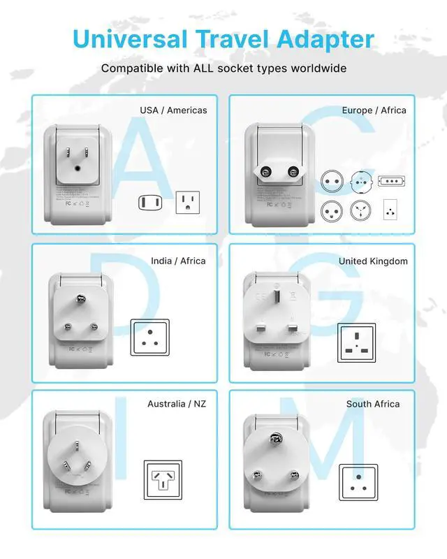 Alt view image 3 of 6 - Universal Travel Adapter Kit, Type A,C,G,D,I,M Detachable Plug | 7 in 1 International Power Adapter with 4 Outlets 3 USB(2 USB-C), Travel Adaptor Worldwide for US EU UK India South Africa