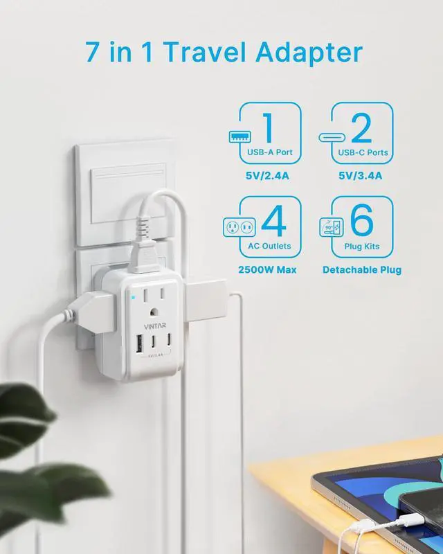 Alt view image 5 of 6 - Universal Travel Adapter Kit, Type A,C,G,D,I,M Detachable Plug | 7 in 1 International Power Adapter with 4 Outlets 3 USB(2 USB-C), Travel Adaptor Worldwide for US EU UK India South Africa