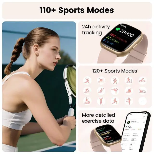 Alt view image 5 of 7 - Smart Watch with Alexa Built-in, 1.83" HD Touchscreen Fitness Tracker with Bluetooth Calling, Fitness Watch with Heart Rate/Sleep Monitor/120+ Sports, IP68 Waterproof Smartwatch for Android iOS, Pink